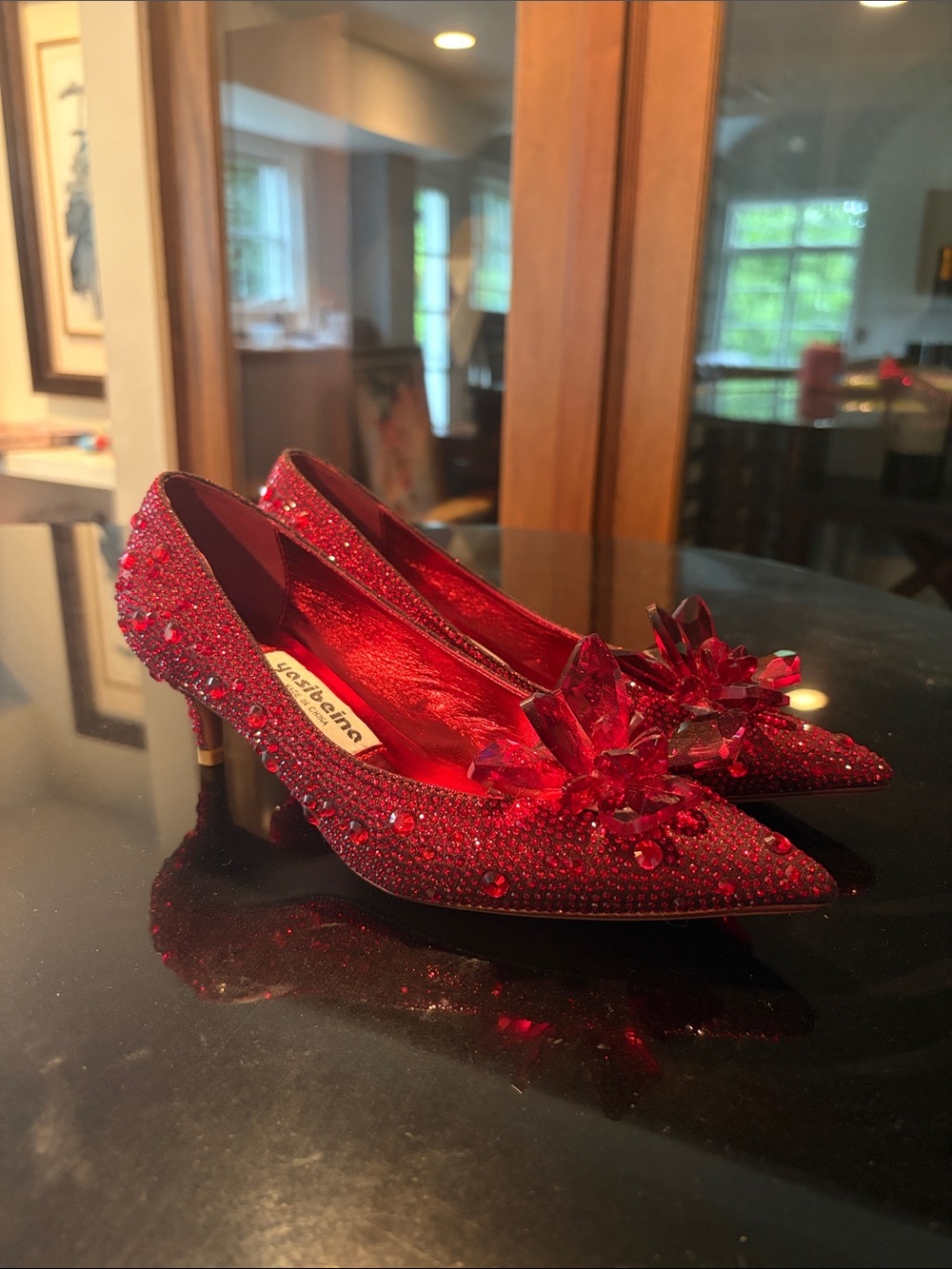 Red Crystal-Embellished Pointed Toe Heels